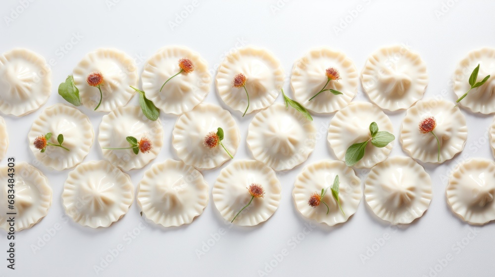  a white table topped with lots of dumplings covered in sauce and garnished with a green leafy plant.