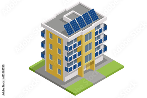 Isometric Solar Panels on Balcony of Apartment. Small Solar Panel energy system. Small Local Solar Panel Energy System on Balcony.