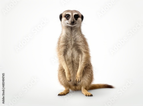 A meerkat standing on its hind legs, looking at the camera against a white background.