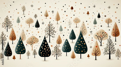 Cute and whimsical flat style Christmas tree pattern on a light background. AI generate photo