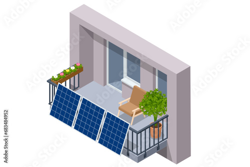 Isometric Solar Panels on Balcony of Apartment. Small Solar Panel energy system. Small Local Solar Panel Energy System on Balcony.