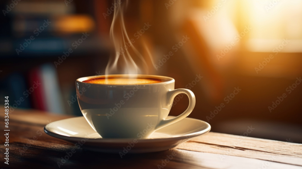 Closeup of a cup of steaming hot tea, sitting on a coaster on a small table in the library car, inviting the viewer to sip and enjoy their read. Closeup of a cup of steaming hot tea, sitting on a coaster on a small table in the library car, inviting the viewer to sip and enjoy their read.
