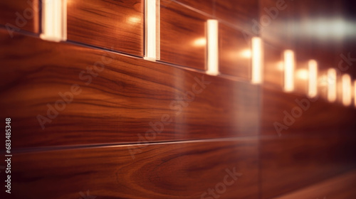 Closeup of the glossy mahogany paneling along the walls, expertly polished to reflect the warm lighting and create a cozy atmosphere.
