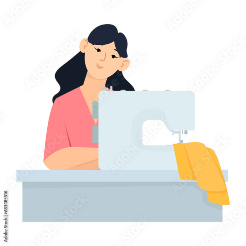 Nice young woman sitting at the table with a sewing machine