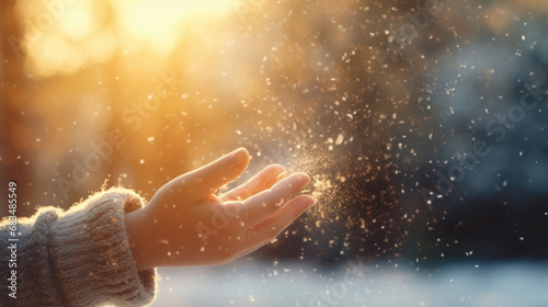 Closeup of a childs hand reaching out to catch the falling snow, with the sparkling flakes adding joy and excitement to the winter wonderland.