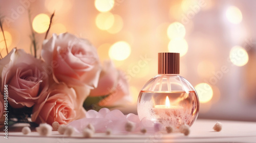 Closeup of an elegantly designed glass aromatherapy diffuser  gently filling the room with the delicate scent of rose.