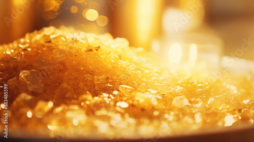 Closeup of sparkly gold bath salts melting into a warm bath, adding a touch of opulence and indulgence.