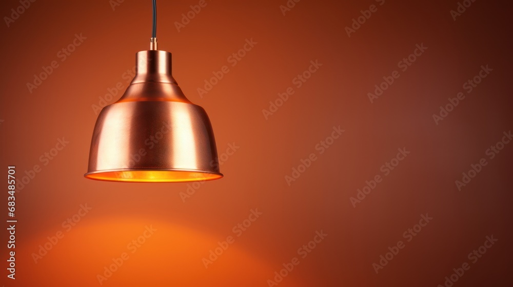 a copper colored pendant light hanging from a ceiling fixture against a brown background with a dim light on the left side of the light. a copper colored pendant light hanging from a ceiling fixture against a brown background with a dim light on the left side of the light.