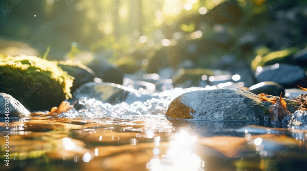 Closeup of a small stream of water cascading down a single, smooth rock, showcasing the gentle and peaceful nature of the scene. - obrazy, fototapety, plakaty 