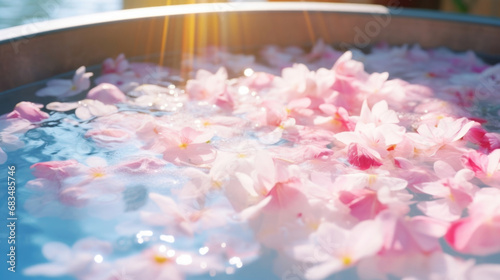 Closeup of the perfectly clear water in a Japanese soaking tub, with flower petals delicately floating on the surface.