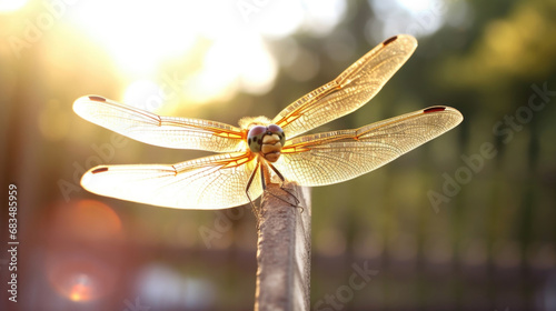 Closeup of a dragonfly gracefully perched on one of the railings, adding a touch of whimsy and nature to the serene scene.