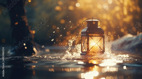 Closeup of a lantern gently swaying in the water currents, creating a mesmerizing dance of light on the surface.