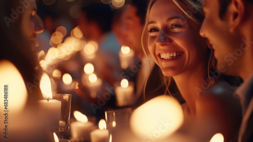 Closeup of the guests faces, engulfed in a romantic and intimate setting created by the candlelight.