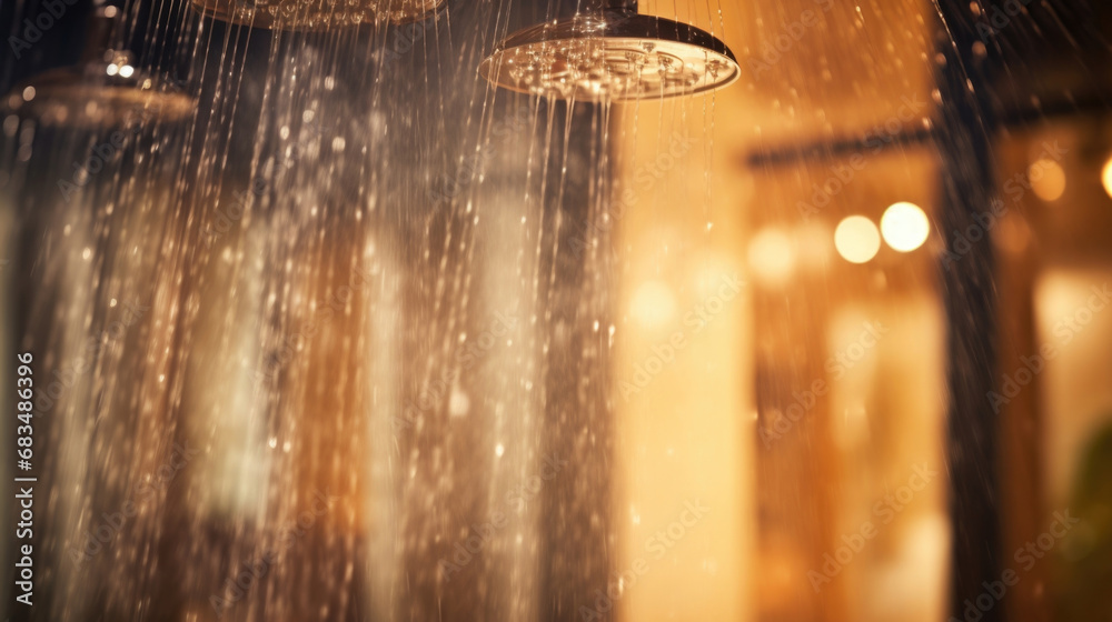 Closeup of multiple rain shower heads spraying water from different
