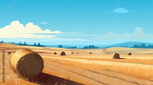  a hay field with bales of hay in the foreground and a blue sky with clouds in the background. photo