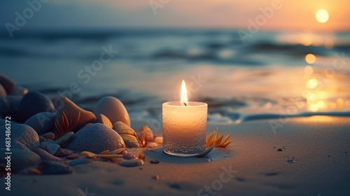 Closeup of a lone candle sitting on the shore  its soft flickering light adding to the mystical atmosphere of the moonlit meditation.