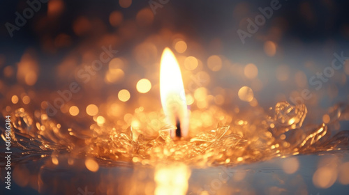 Closeup of a wispy piece of candlewick, damp and illuminated by the soft glow of the flame, as it continues to burn in the midst of the rain. photo