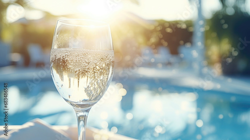 Closeup of a sparkling crystal goblet filled with chilled champagne, p on a table set with crisp white plates and polished silver lery, creating an inviting poolside dining experience.