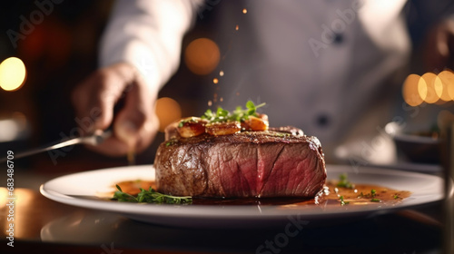 Closeup of a waiter expertly slicing into a tender filet mignon, showcasing the highquality s of meat served on board the train.