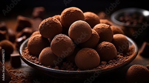  a close up of a bowl of chocolate truffles on a table with other chocolate truffles in the background. photo