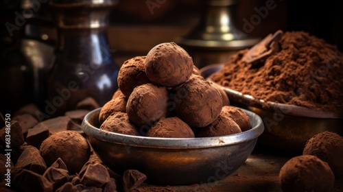  a metal bowl filled with chocolate truffles next to a pile of cocoa powder and a bottle of cocoa.