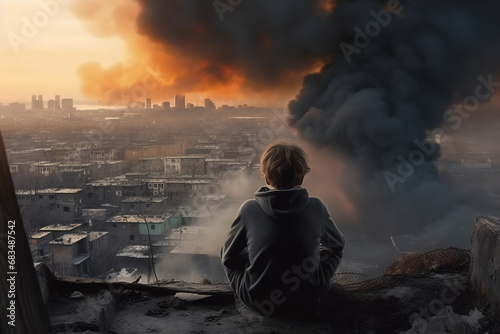 a lonely child sits with his back and sees a city destroyed by war. a child without a family in the ruins. The city is on fire after an airstrike by an enemy aggressor country. Generative AI