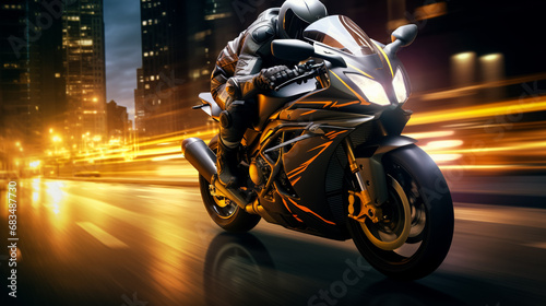 motorcyclist racer drives a sports motorcycle fast on road in the city at night. Motion blur, speed, Motorcycle on the street of a night city