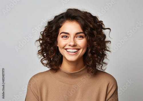 Retrato de primer plano de una mujer joven sonriendo sobre un fondo neutro