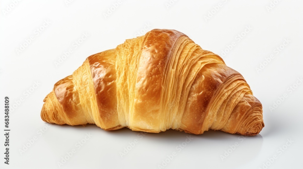  a close up of a croissant on a white background with a reflection of the croissant on the ground.