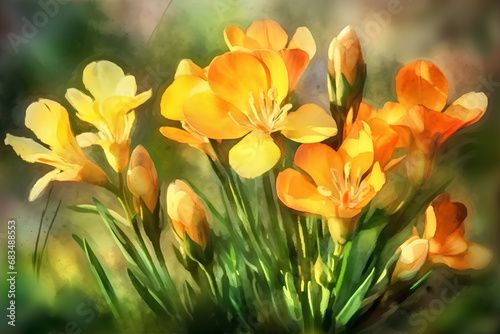 Blooming yellow freesia flowers in the garden, watercolor painting.