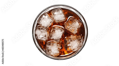 Top view Cola with ice cubes in glass. Isolated on Transparent background. photo