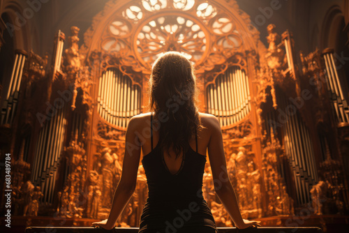 organist with cathedral pipe organ photo