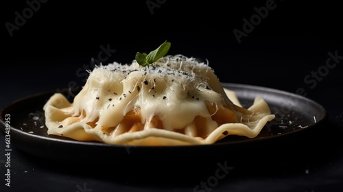  a close up of a plate of food with sauce and cheese on it with a sprig of parmesan.