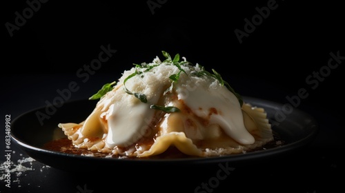  a black plate topped with ravioli covered in sauce and parmesan sprinkled on top of it.