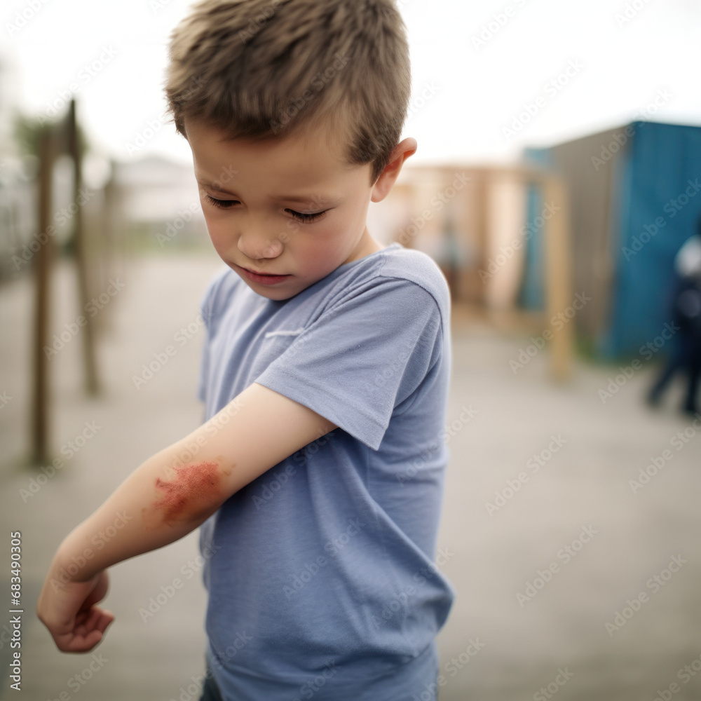 jeune garçon qui s'est fait mal au bras, égratignure et saignement