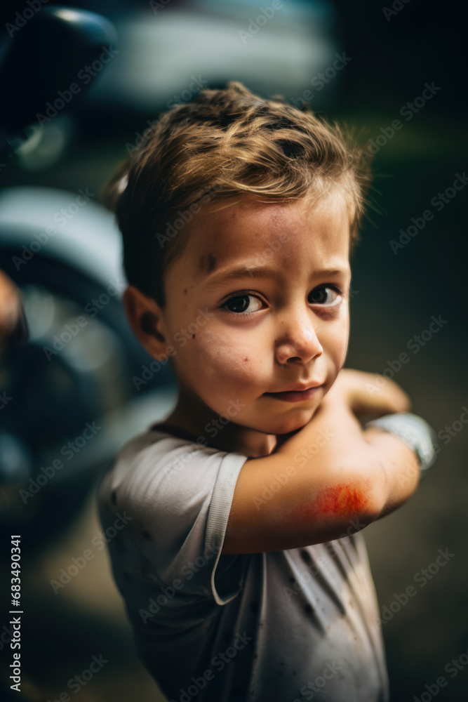 jeune garçon qui s'est fait mal au bras, égratignure et saignement