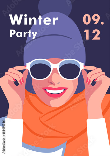 Winter time. Concept of vacation, party and travel. Stylized smiling face of beautiful woman with scarf, winter hat and sunglasses. Vector illustration for mobile and web graphics.