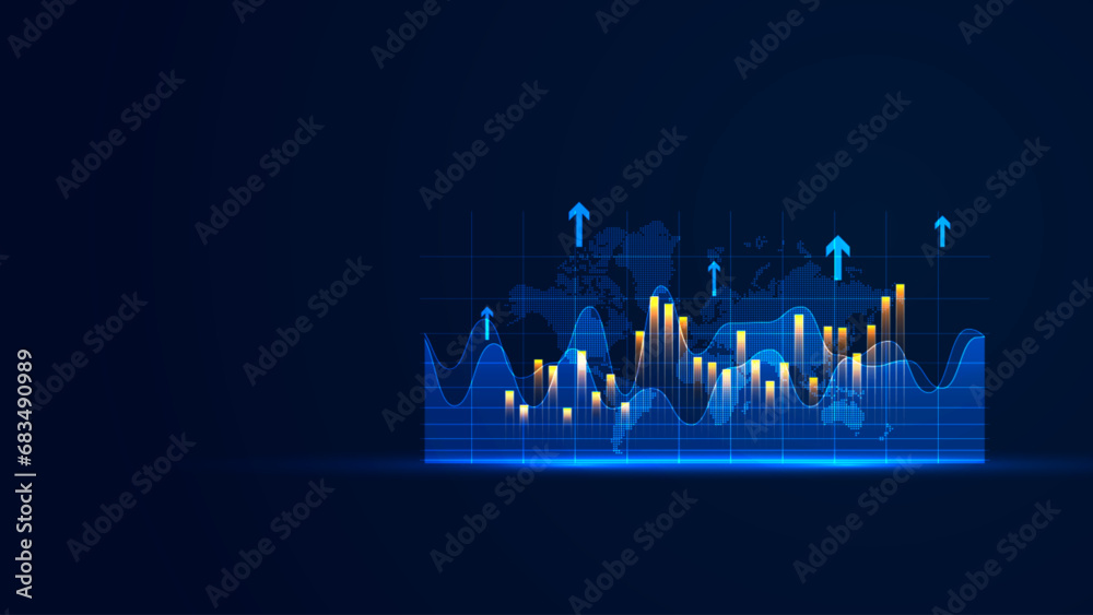 Stock market growth in futuristic technology style. Business growth wallpaper with the glowing bar chart static and up arrow. Graphic of successful financial development on the dark background - obrazy, fototapety, plakaty 