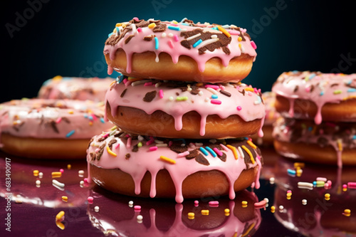 Colorful donut with sprinkles and chocolate splash. Generative AI