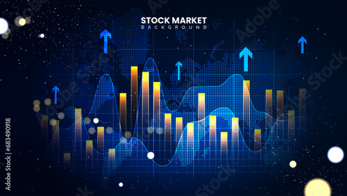 Futuristic financial trading chart with up arrows. Successful stock market statistical information and trends. Economic information growth background
