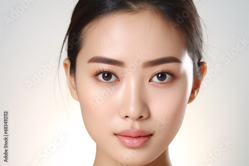 A half-youthful Asian female's problem-ridden visage, peppered with freckles, gazes toward the lens on a white canvas, providing area for content.