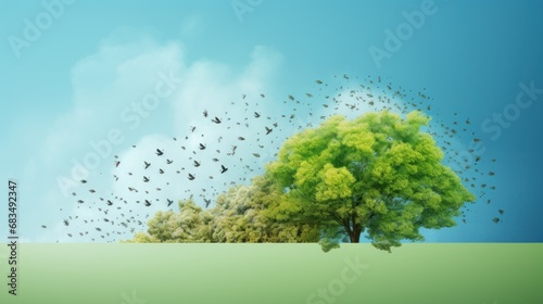  a flock of birds flying over a tree on a sunny day with a blue sky in the backround.