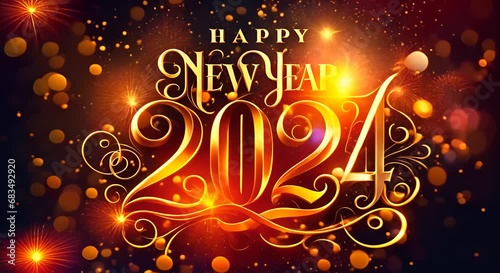 Happy New Year 2024 Greeting writen in gold on festive background  photo