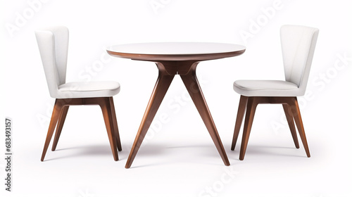 Isolated wooden and fabric dining table and chairs on a white backdrop. photo