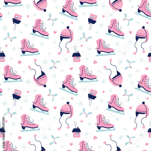 Cute New year and Christmas seamless pattern. Beautiful Winter background. Hand drawn skates, hats, mistletoe, snowflakes. Hand drawn vector print for paper, textile, greeting card.
