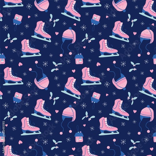 Cute New year and Christmas seamless pattern. Beautiful Winter background. Hand drawn skates, hats, mistletoe, snowflakes on navy backdrop. Flat style vector print for paper, textile, greeting card.
