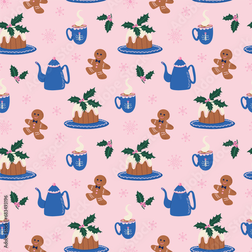 Christmas seamless pattern with panettone, holly berry and snowflakes. Holiday tea party. Cute Winter background. Flat style hand drawn vector illustration.
