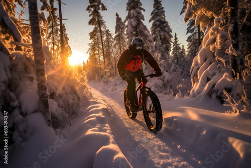 a man rider riding a fat bike bicycle in snow covered road trail in cold frosty winters © DailyLifeImages