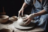 Art pottery with wet clay workshop. Artisanal sculptor creating ceramic cup. Generate ai