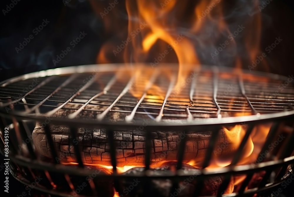 Barbecue grill with burning flames closeup photo. Grilling culinary food roasting flaming grate. Generate ai - obrazy, fototapety, plakaty 